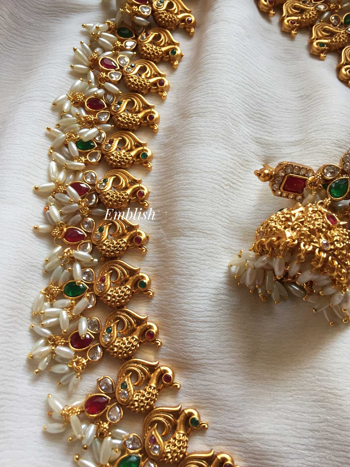 Lakshmi with Double Peacock Rice Pearl Long Neckpiece